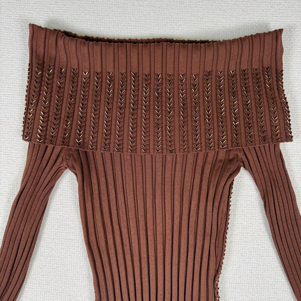 Cache Off Shoulder Ribbed Knit Top Brown Studded Stretch XS Y2K Metallic Trim EU - Picture 5 of 8